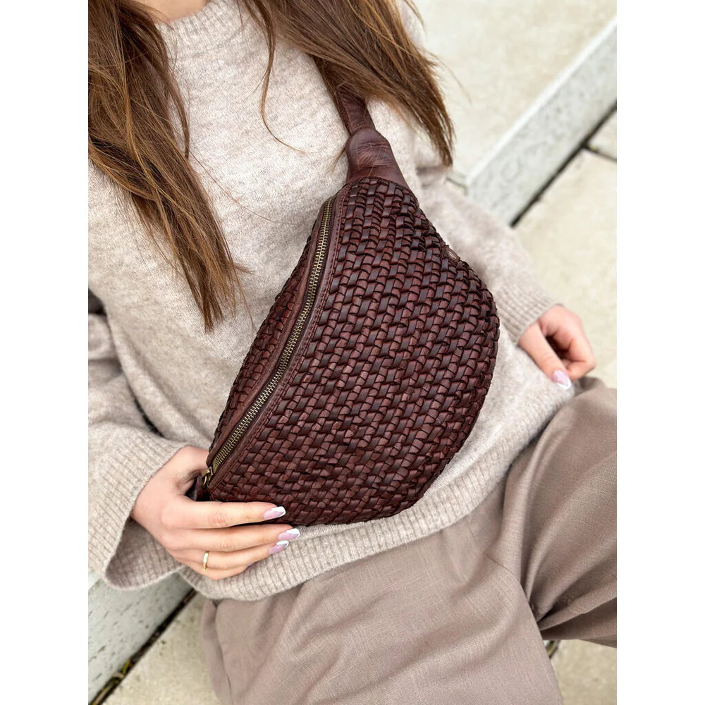 Leather Bumbag with Weaving in Chocolate