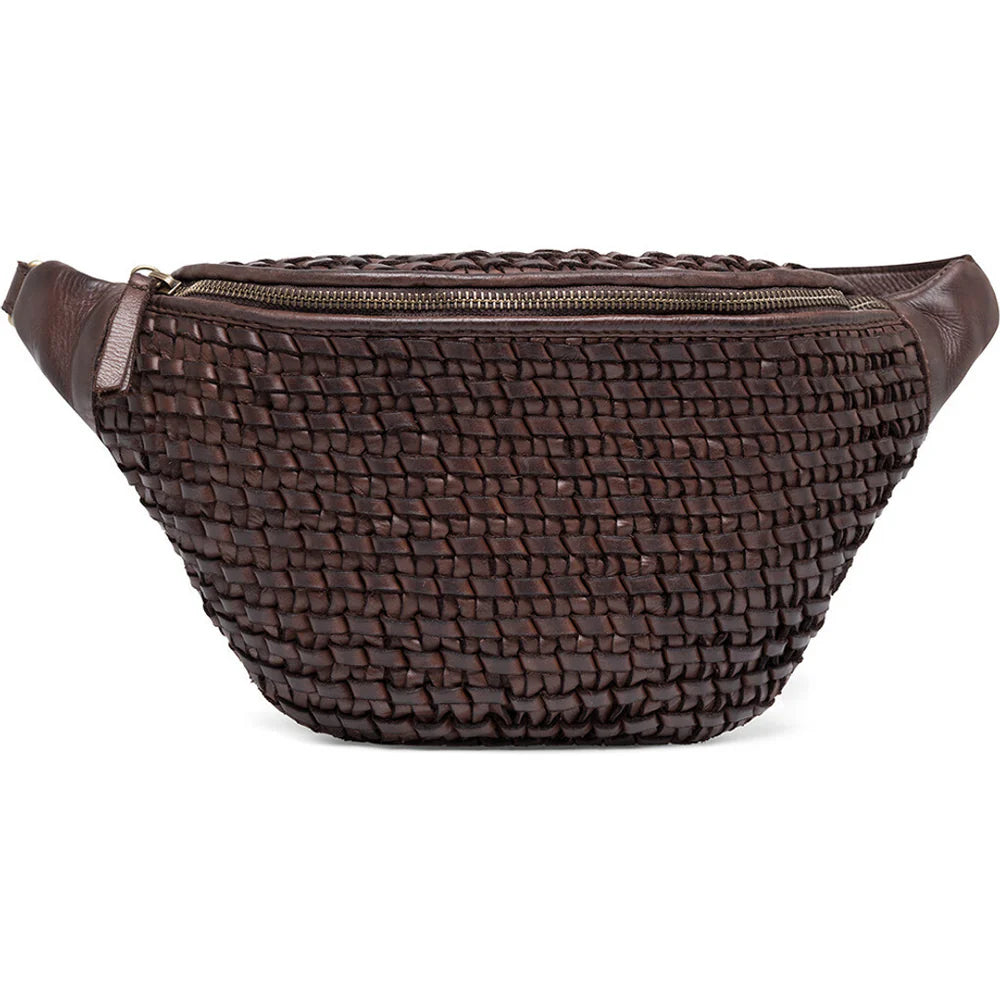 Leather Bumbag with Weaving in Chocolate