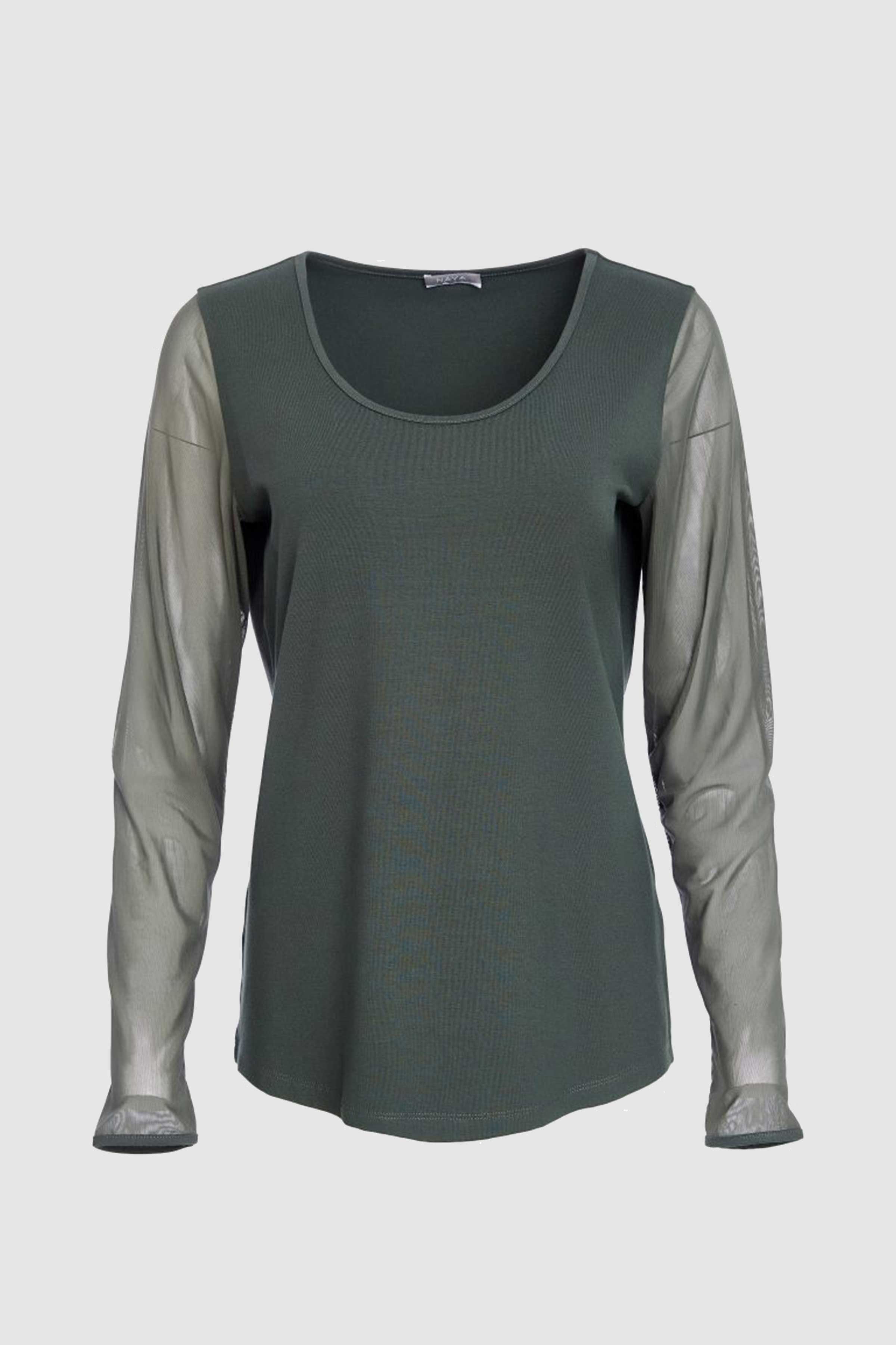 Jersey Top with Mesh Sleeve in Forest