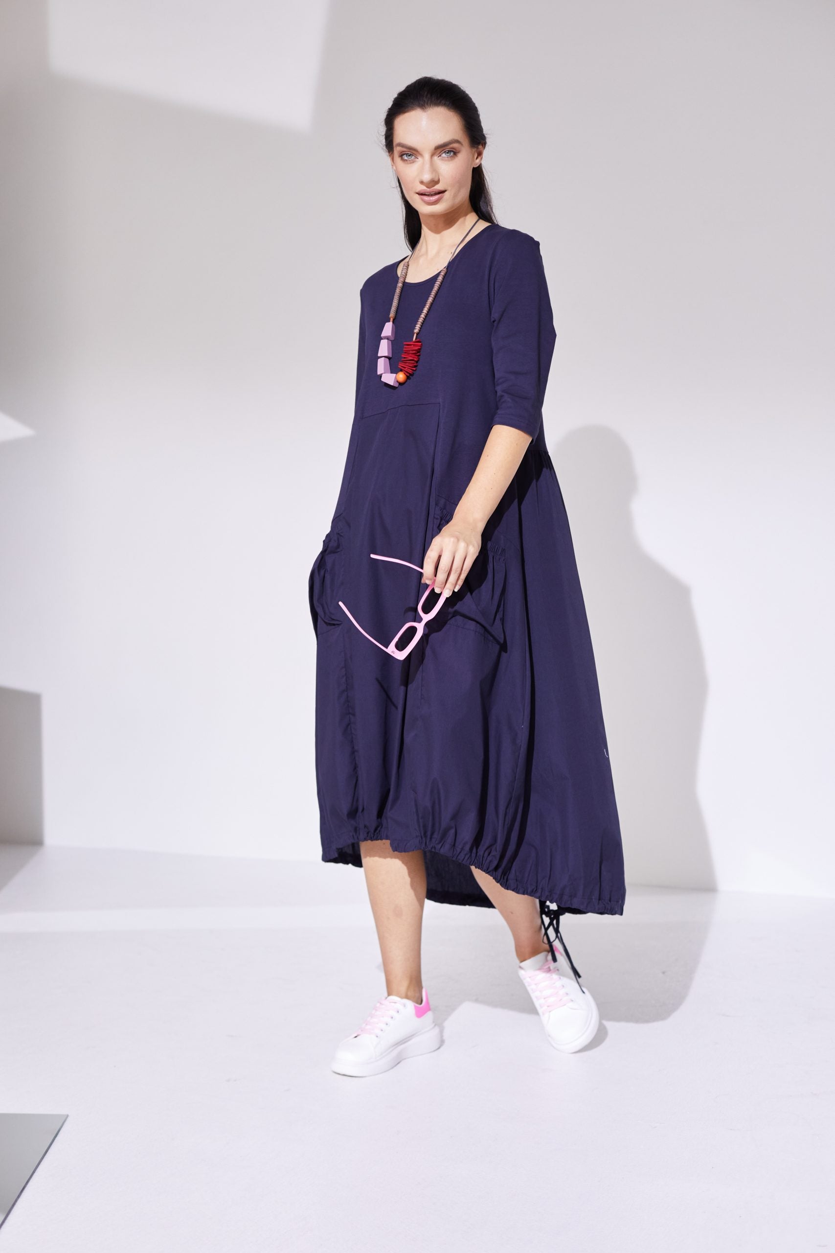 Cotton Dress with Contrast Top Panel in Navy