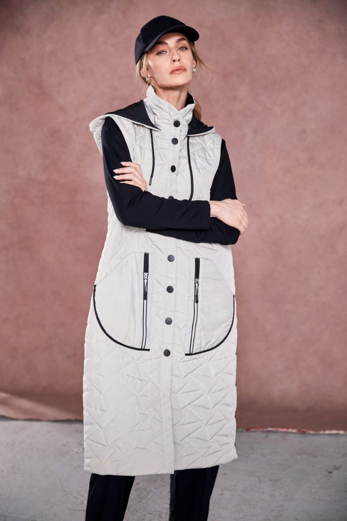 Padded Long Line Gilet in Taupe/Black