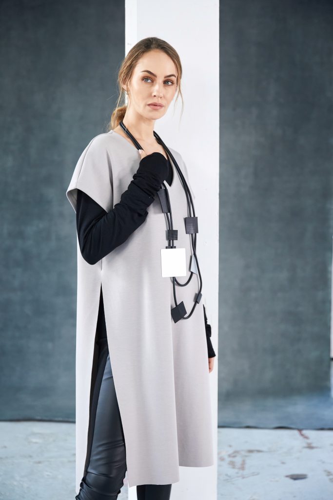 Long Line Top with Dipped Hemline in Taupe