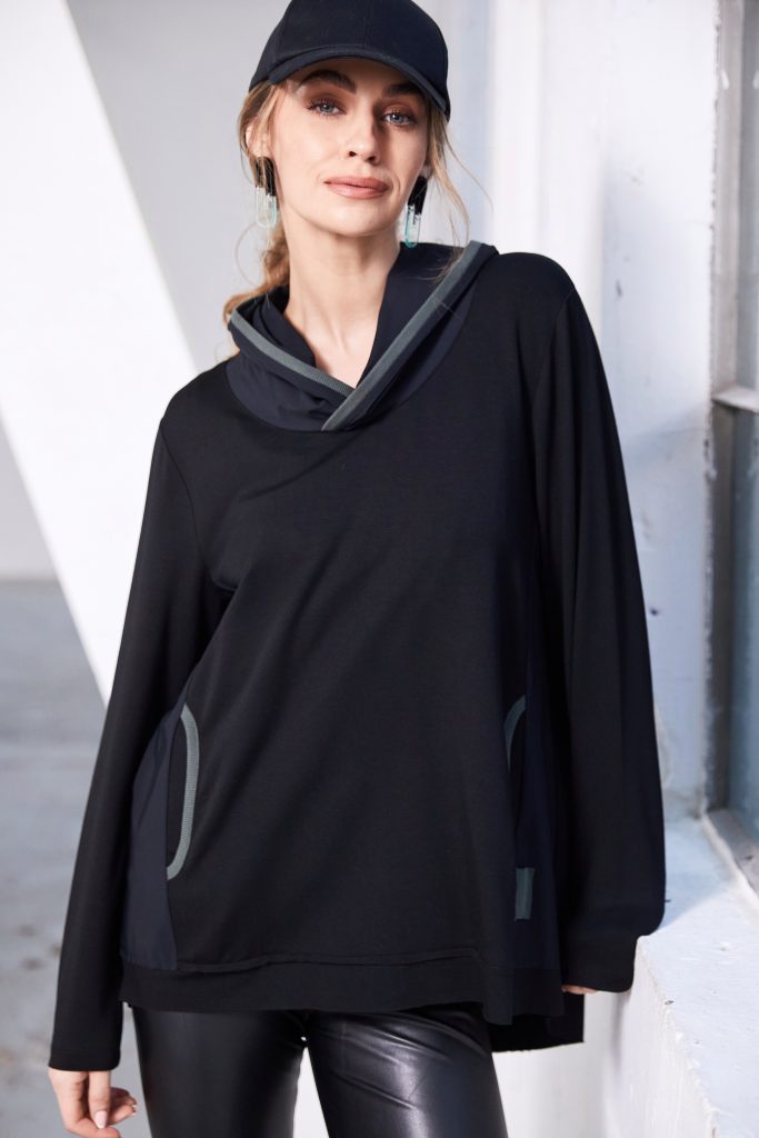 Hooded Top with Contrast Ribbed Trim Detail in Black/Forest
