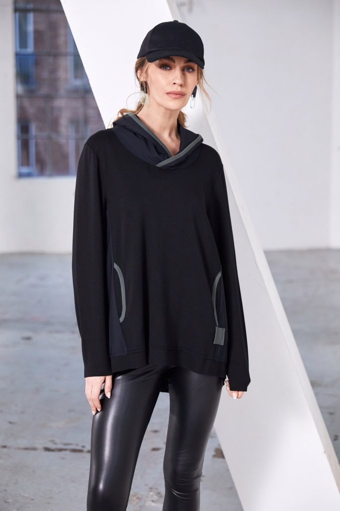 Hooded Top with Contrast Ribbed Trim Detail in Black/Forest