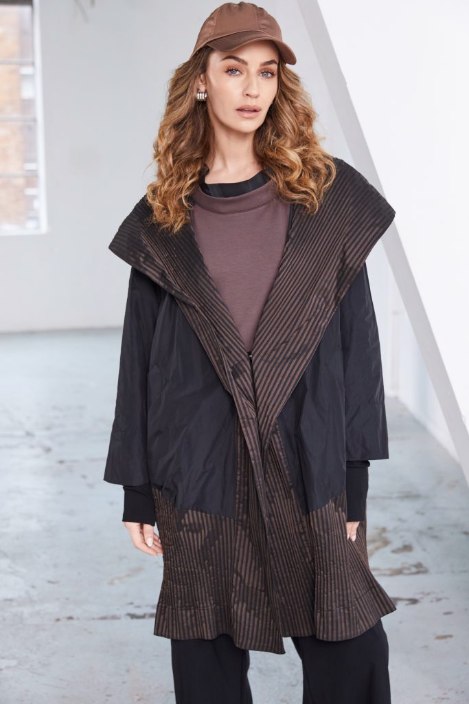Hooded Long Line Jacket with Contrast Stripped Hem Panels in Black/Cocoa