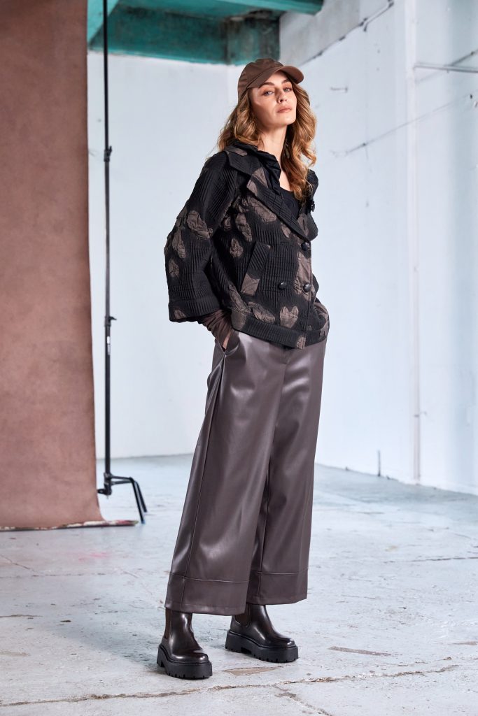 Wide Leatherette Trouser with Band at Hem in Cocoa