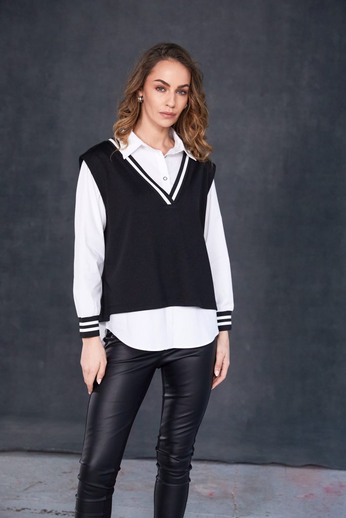 Two Piece Shirt with Over Vest in Black/White
