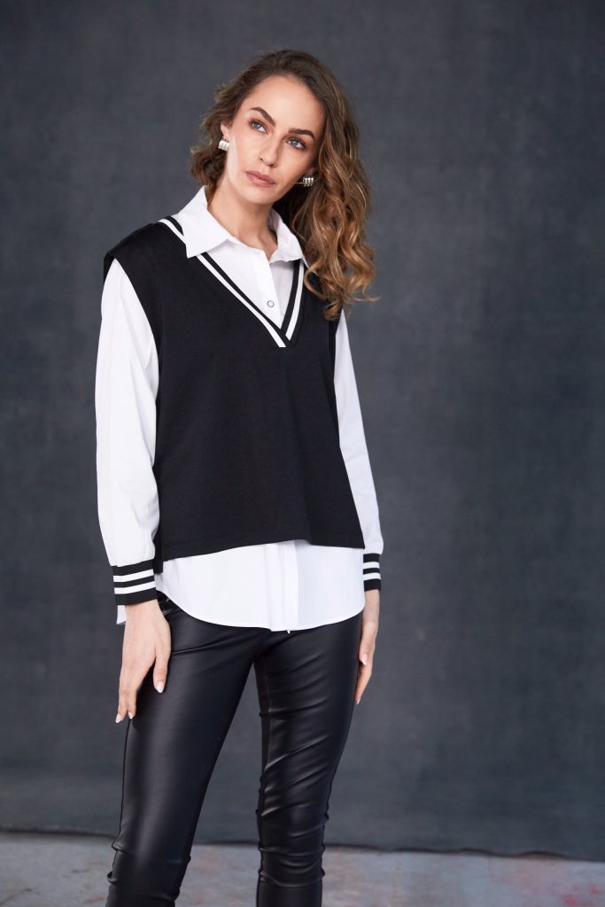 Two Piece Shirt with Over Vest in Black/White