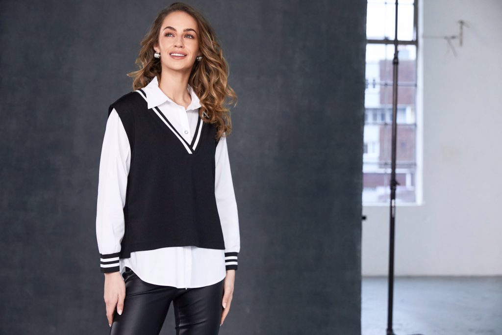 Two Piece Shirt with Over Vest in Black/White