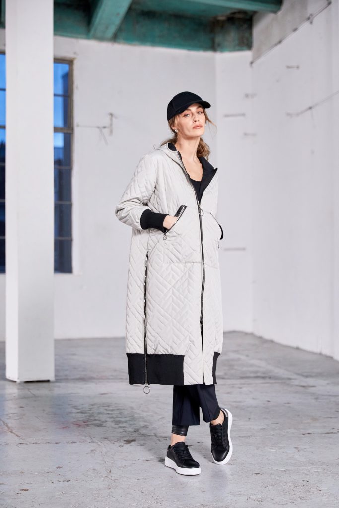 Padded Hooded Coat with Knit Cuff in Taupe/Black