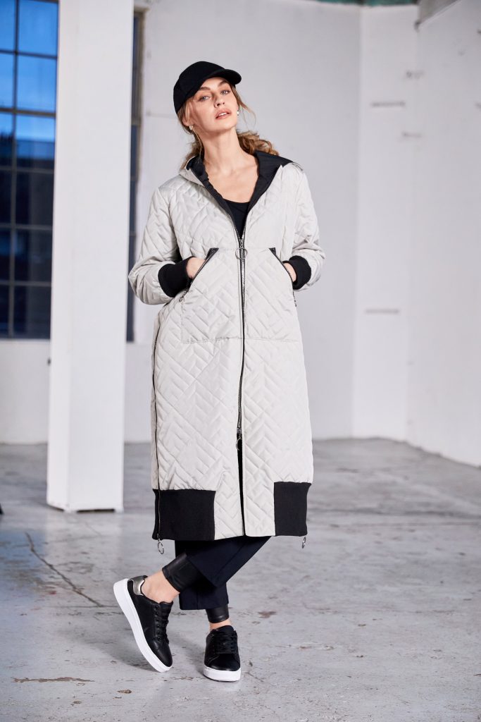 Padded Hooded Coat with Knit Cuff in Taupe/Black