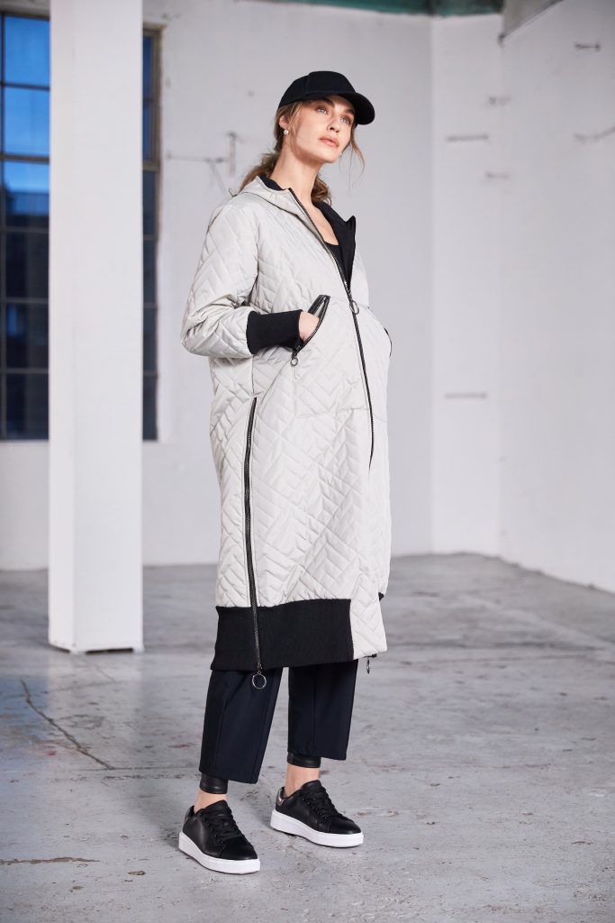 Padded Hooded Coat with Knit Cuff in Taupe/Black