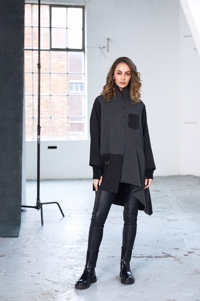 Stripped Blouse with Angled Hem in Black/Grey
