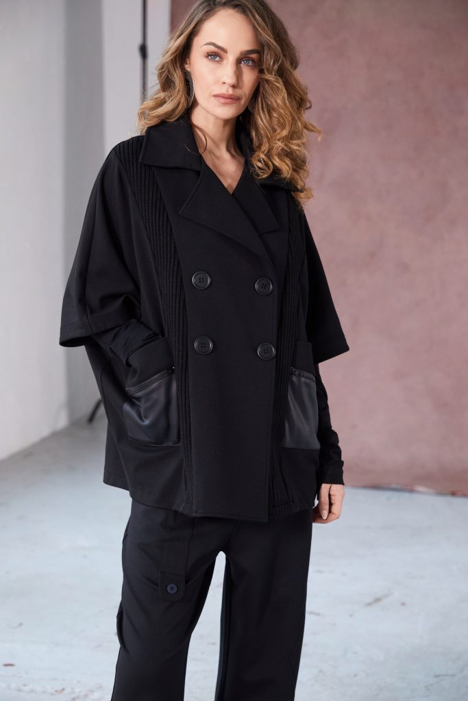 Double Breasted Jacket with Knit Panels in Black