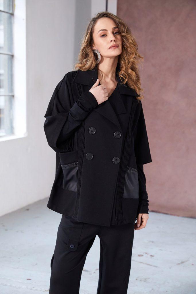 Double Breasted Jacket with Knit Panels in Black