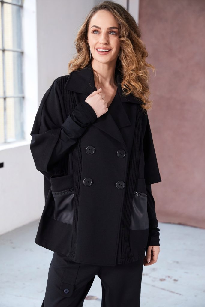 Double Breasted Jacket with Knit Panels in Black