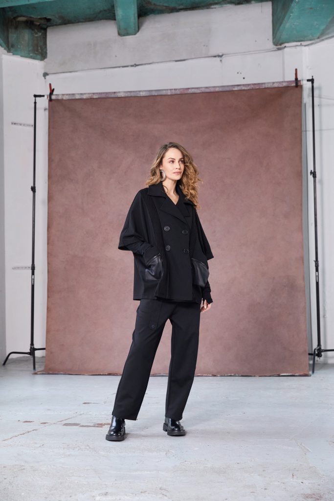 Double Breasted Jacket with Knit Panels in Black