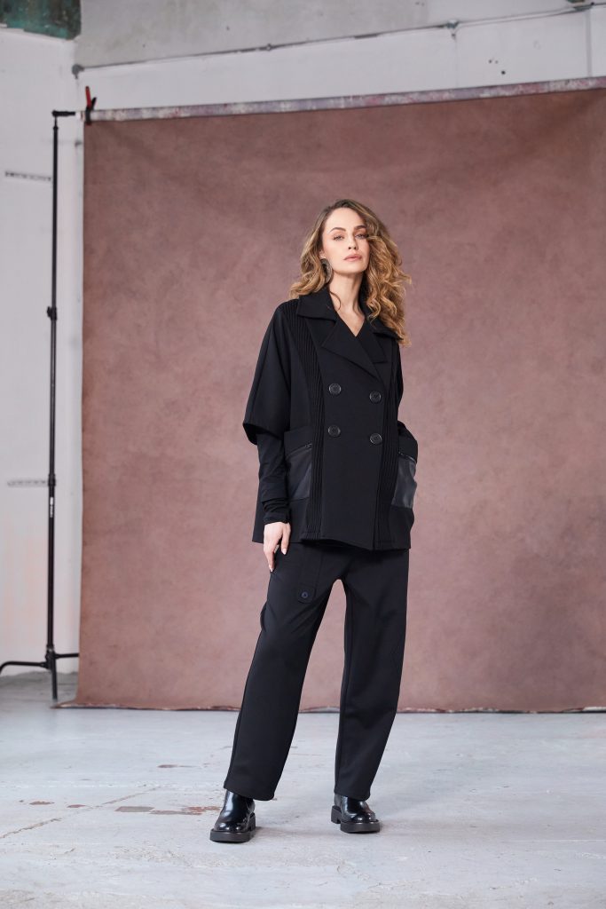 Double Breasted Jacket with Knit Panels in Black