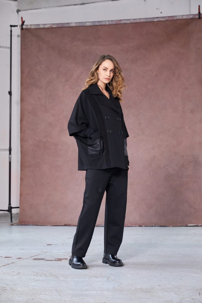 Double Breasted Jacket with Knit Panels in Black