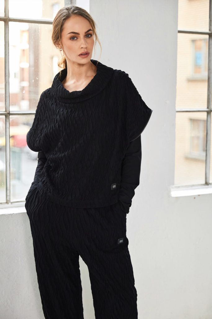 Embossed Knit Top with Zip Detail on Side in Black