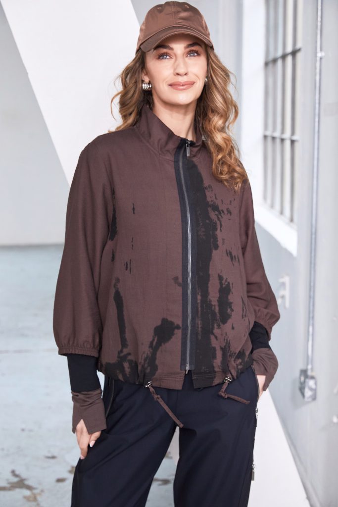 Print Zipped Jacket with Drawstring Hem in Choc/Black