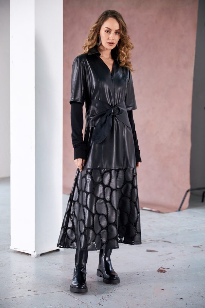 Leatherette Dress with Zip Detail and Lace Effect in Black