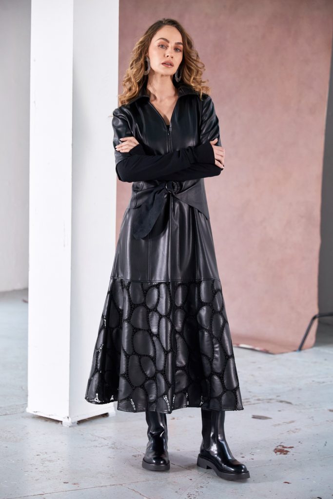 Leatherette Dress with Zip Detail and Lace Effect in Black