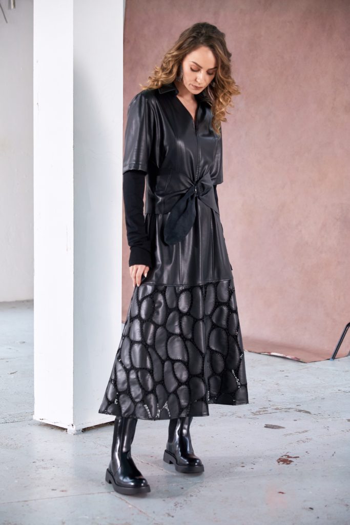 Leatherette Dress with Zip Detail and Lace Effect in Black