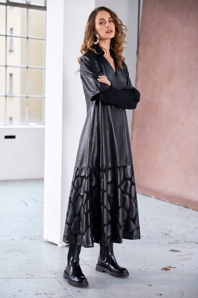 Leatherette Dress with Zip Detail and Lace Effect in Black