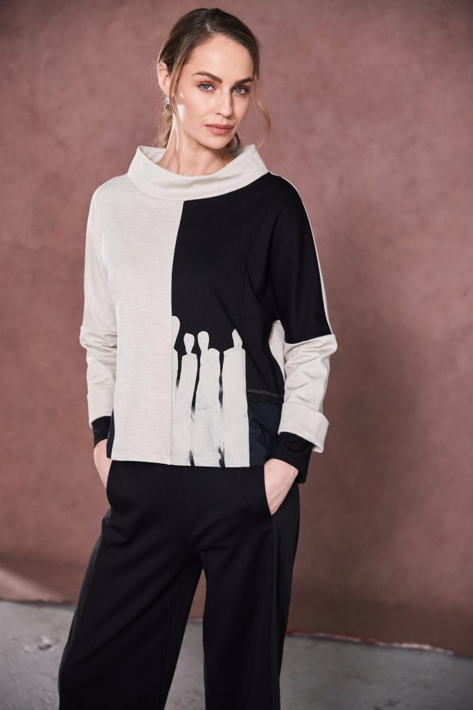 Two Tone Funnel Neck Top in Black/Sand