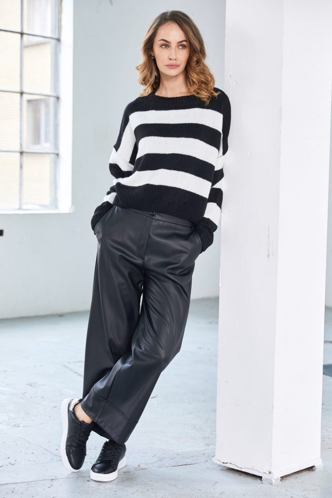 Wide Leatherette Trouser with Band at Hem in Black