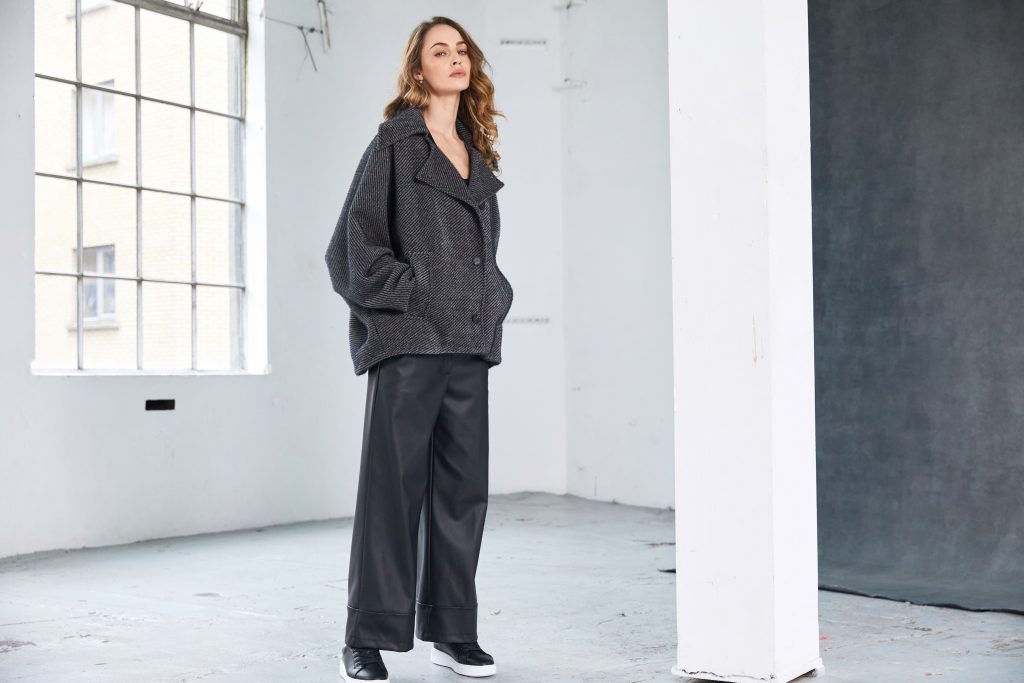 Wide Leatherette Trouser with Band at Hem in Black