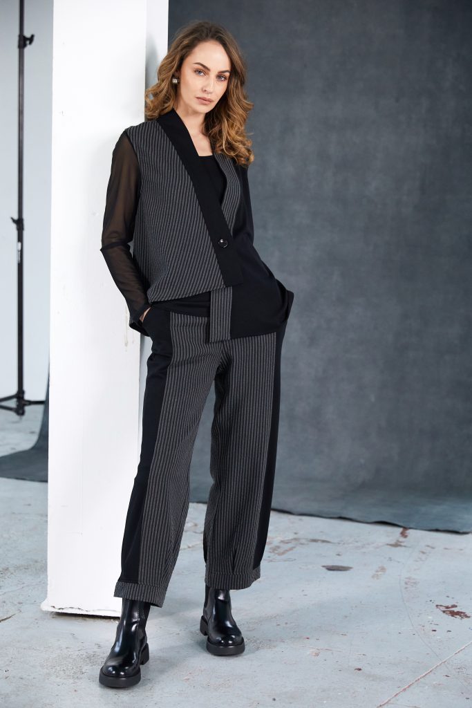 Stripped Trouser with Contrast Side Panels in Black/Grey