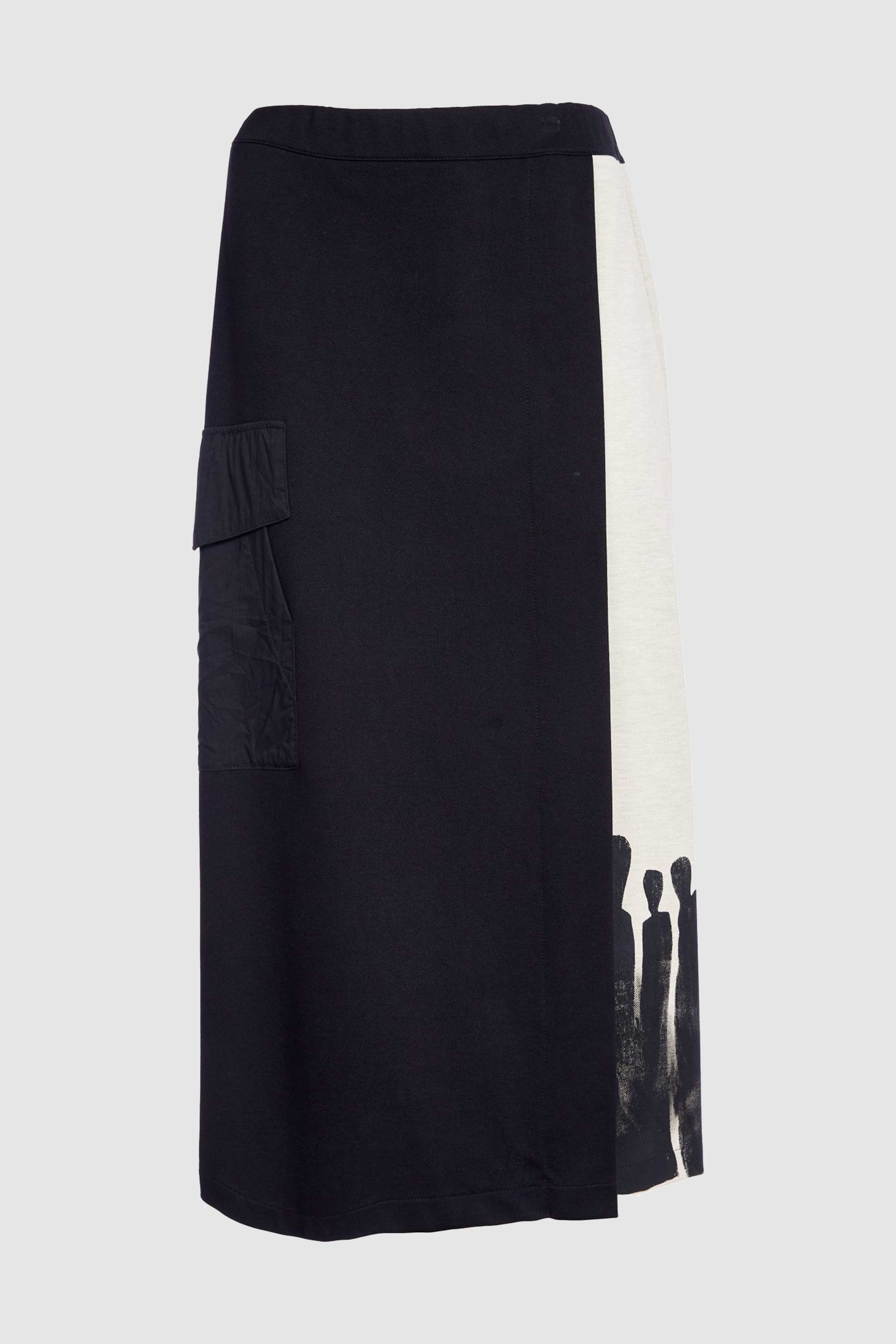 Mock Wrap Skirt with Placement Print in Black/Sand