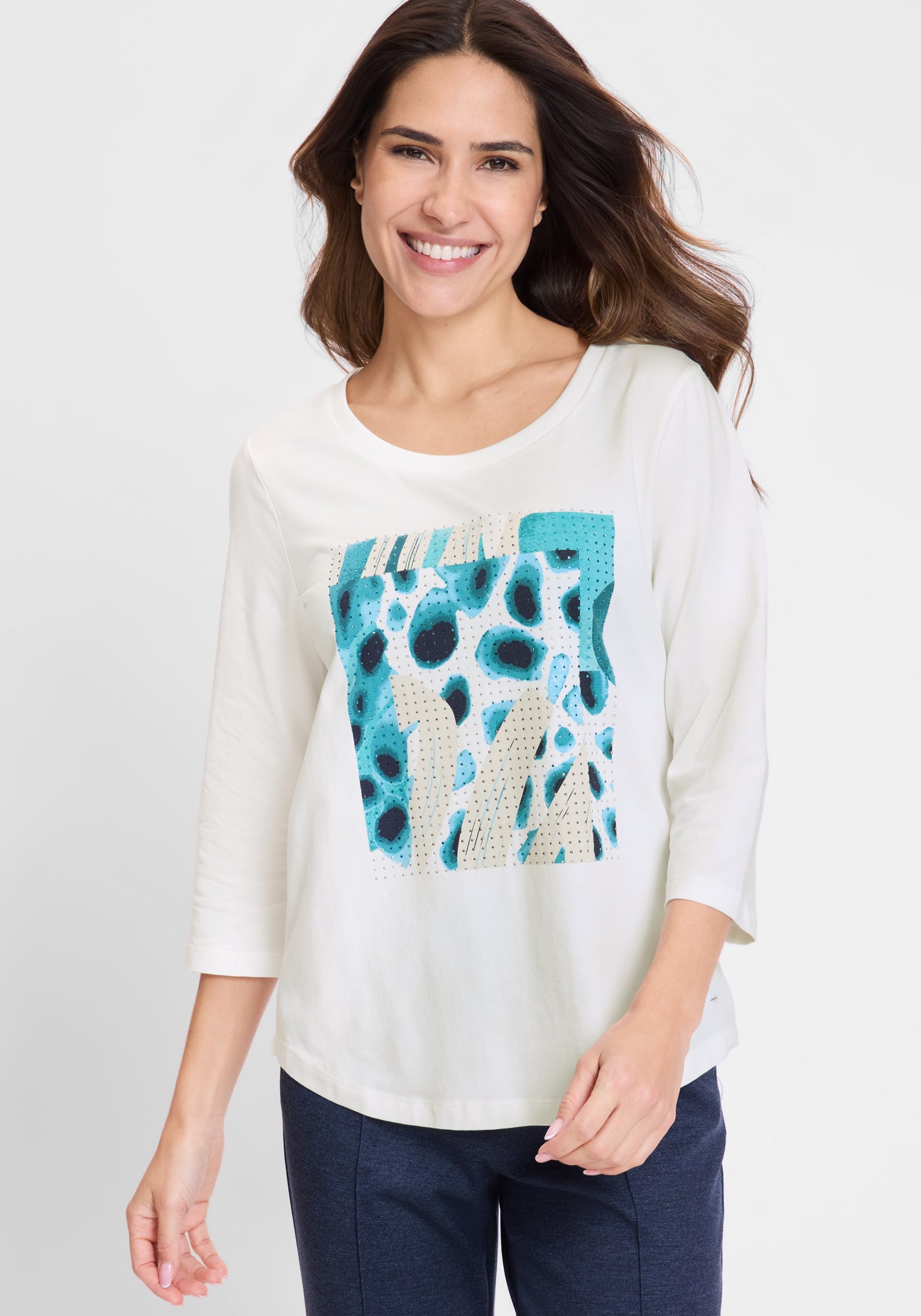 Abstract And Sequin Front Print Top in Off White