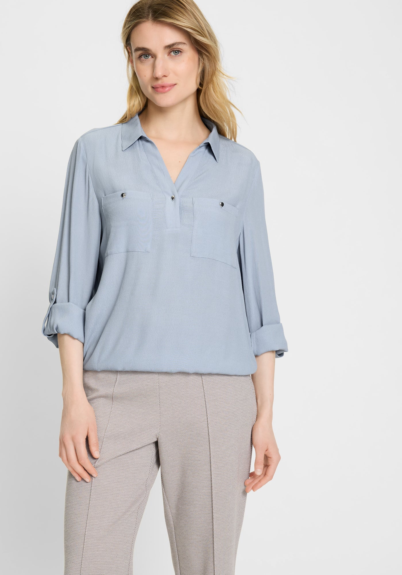 Long Sleeve Woven Blouse in Blue Haze