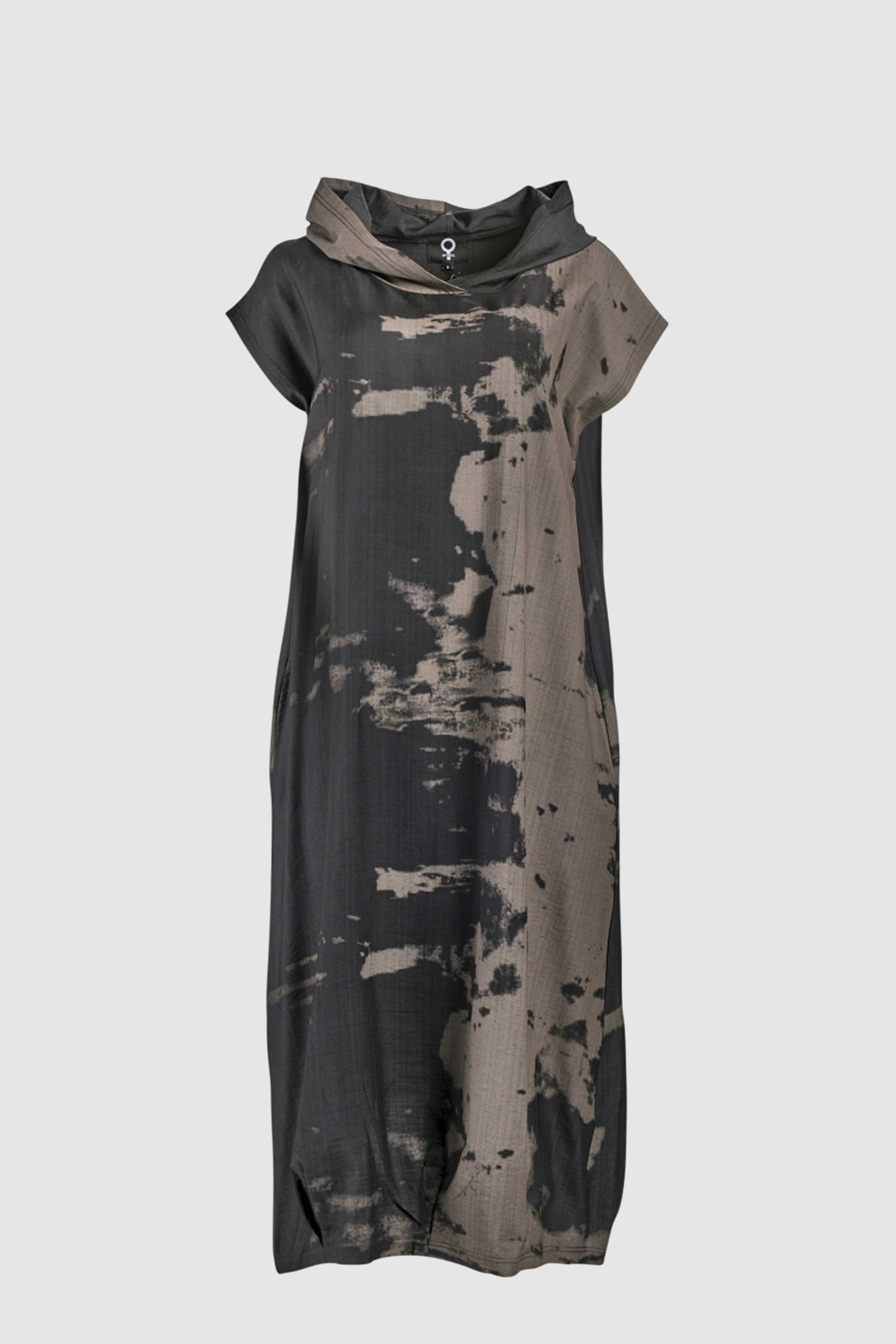 Graphic Print Hooded Dress in Black/Brown