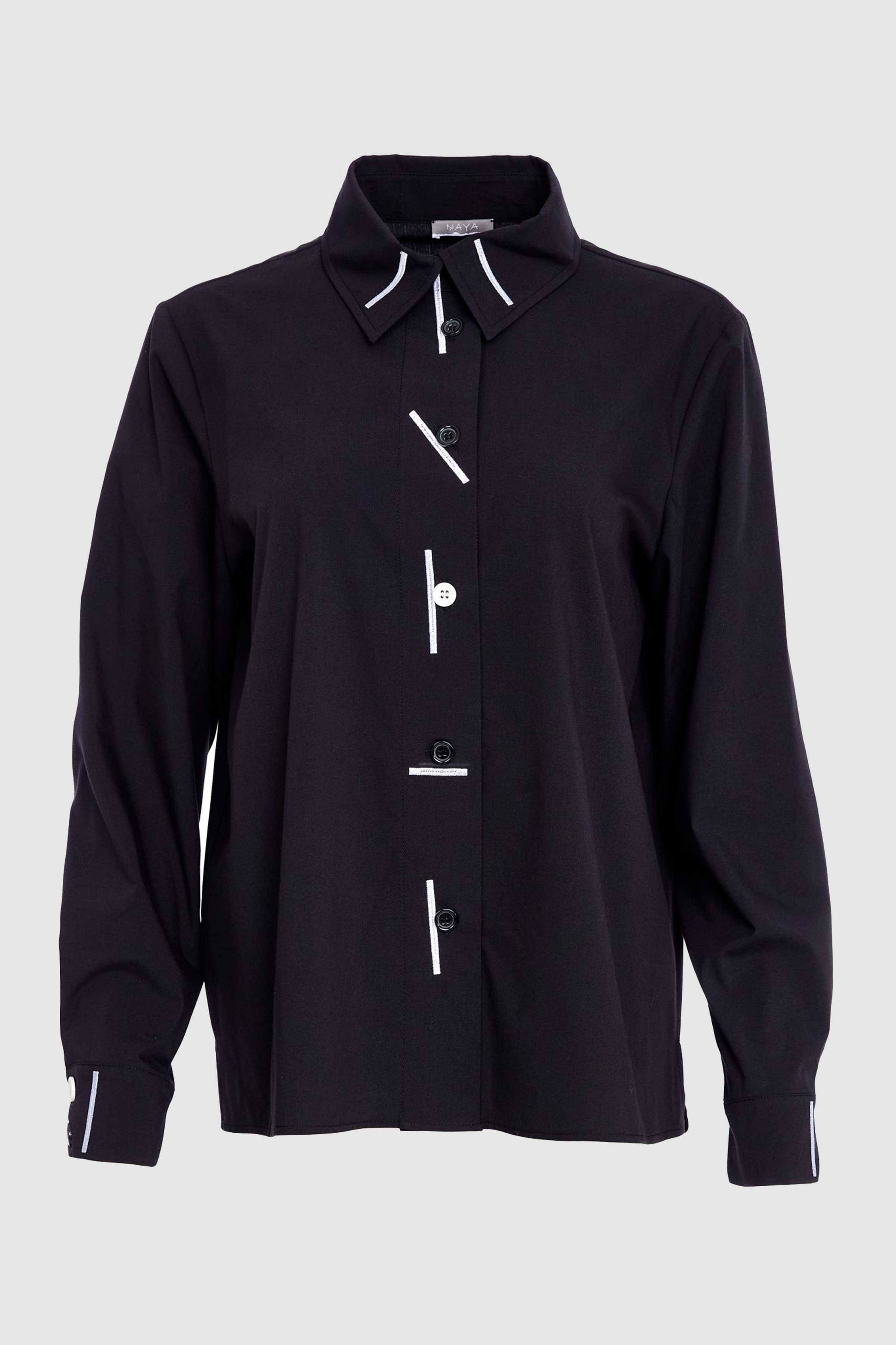Cotton Shirt with Stripped Collar in Black/White