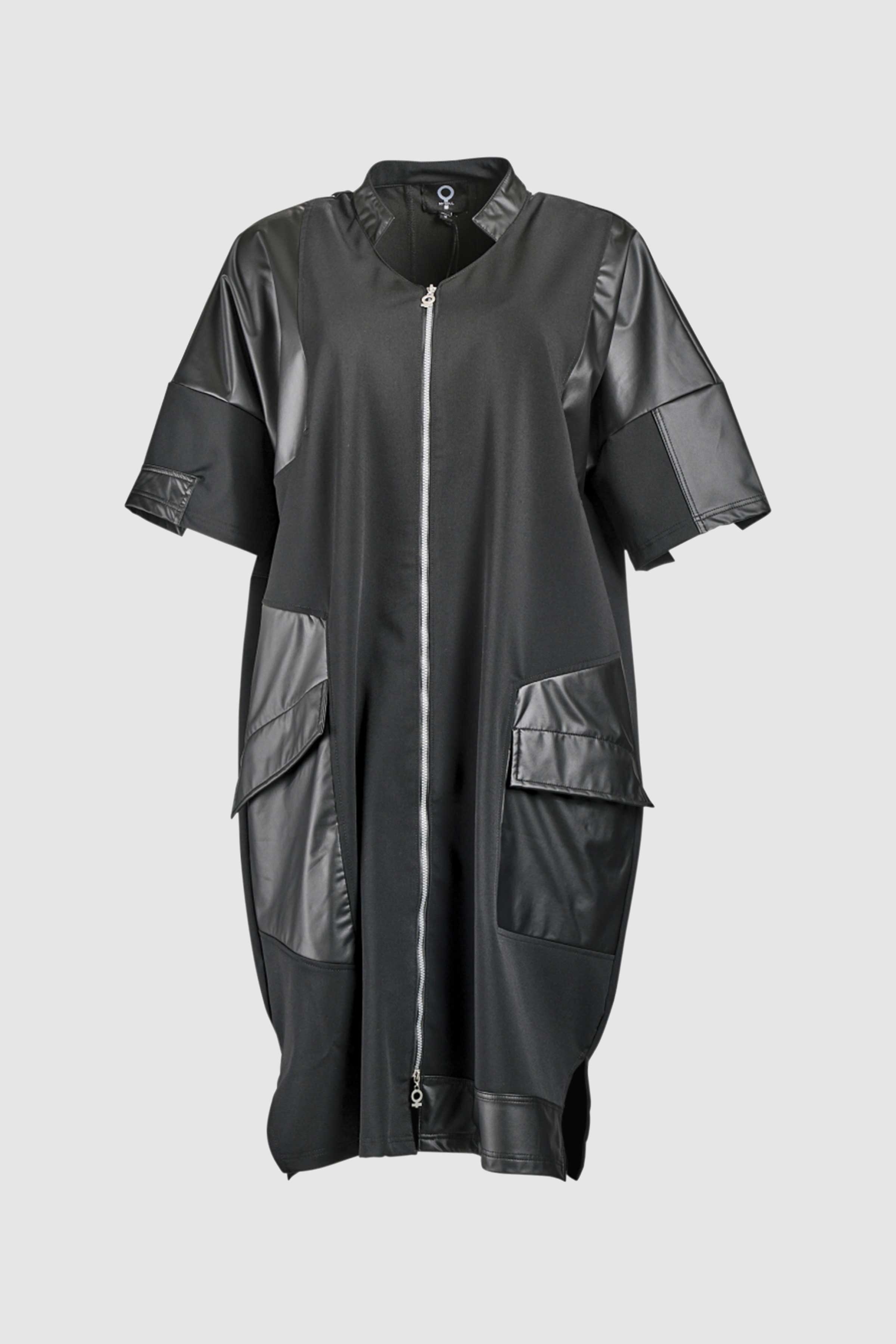 Stretch Long Jacket with Faux Leather Detail in Black