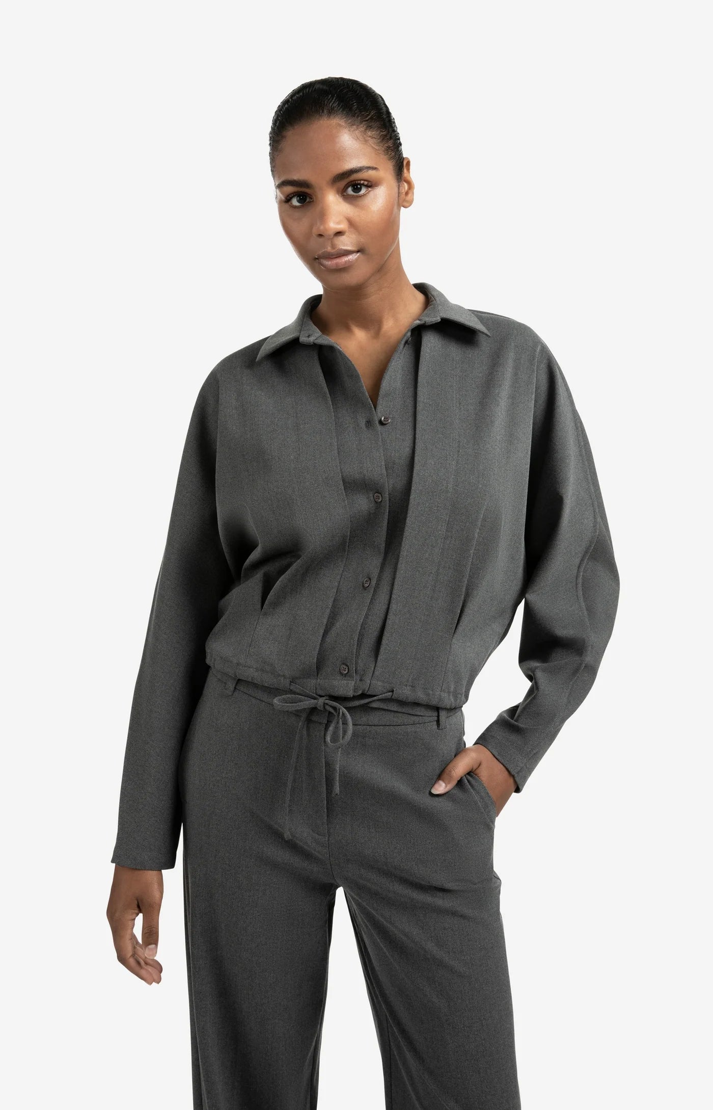 Blouse Jacket with Waist Pleat in Anthracite Melange
