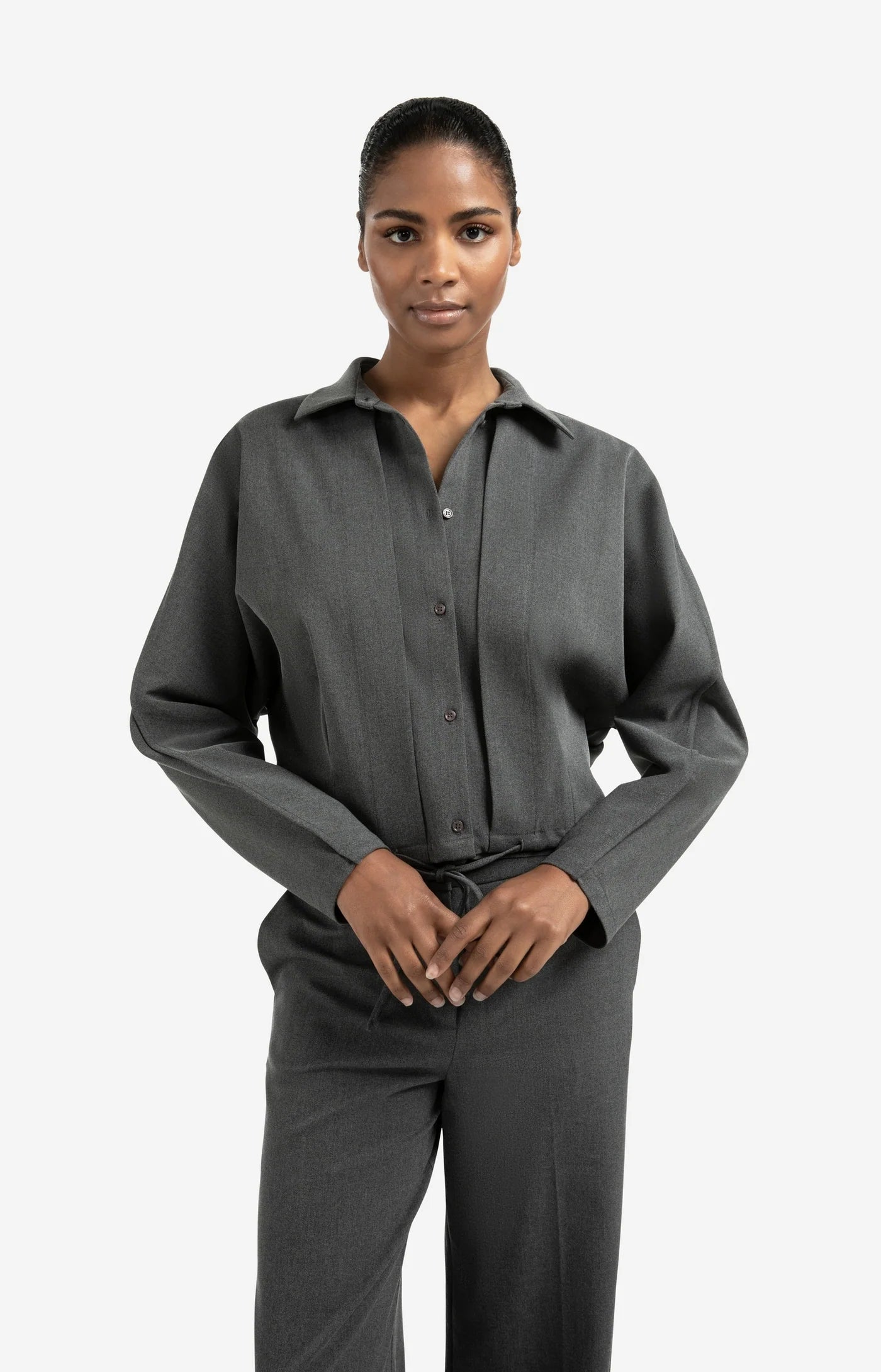 Blouse Jacket with Waist Pleat in Anthracite Melange