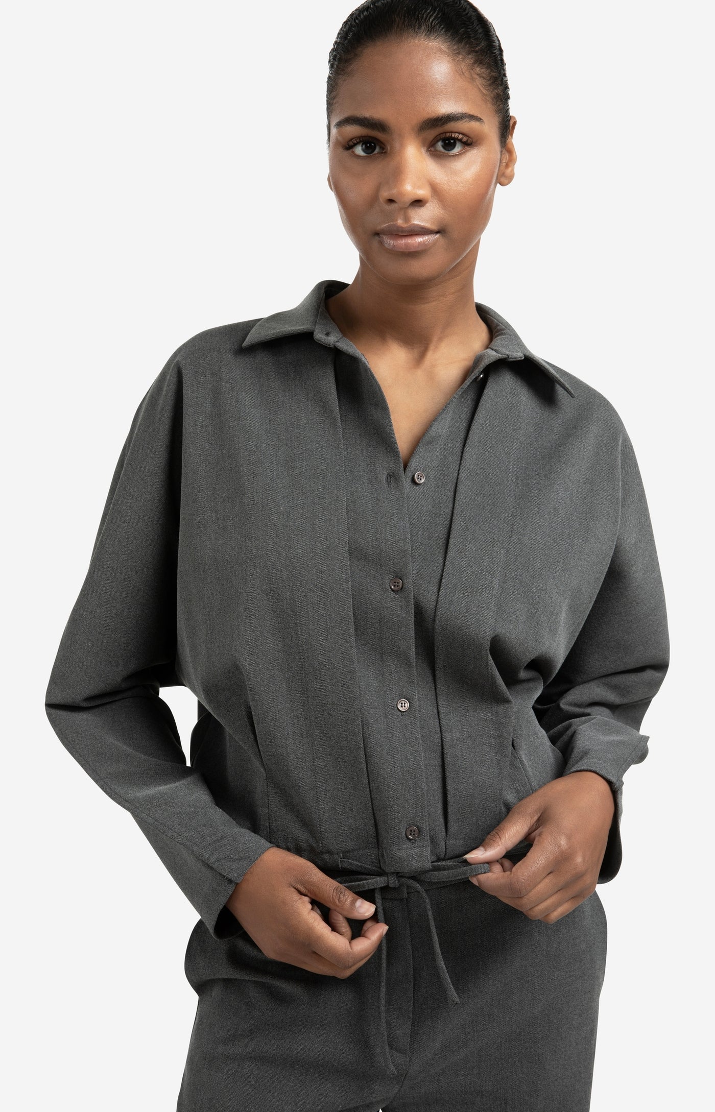 Blouse Jacket with Waist Pleat in Anthracite Melange