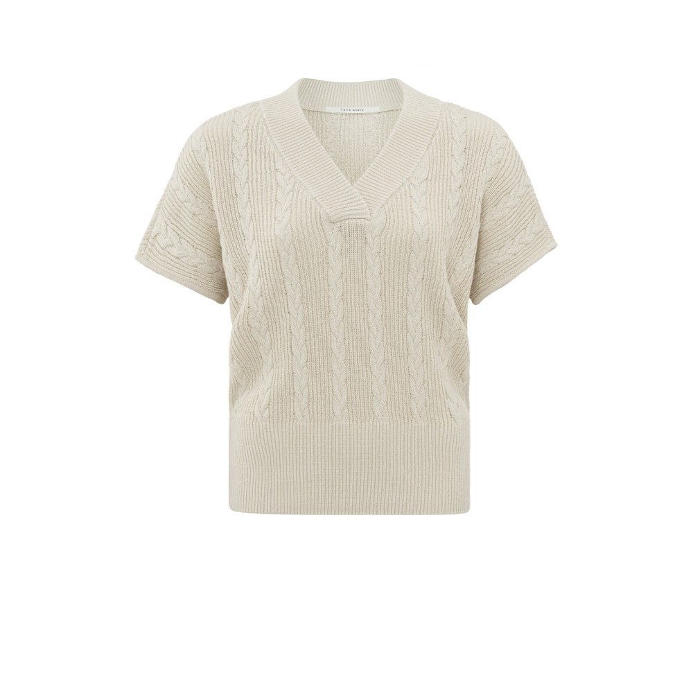 Cable Short Sleeve Sweater in Beige