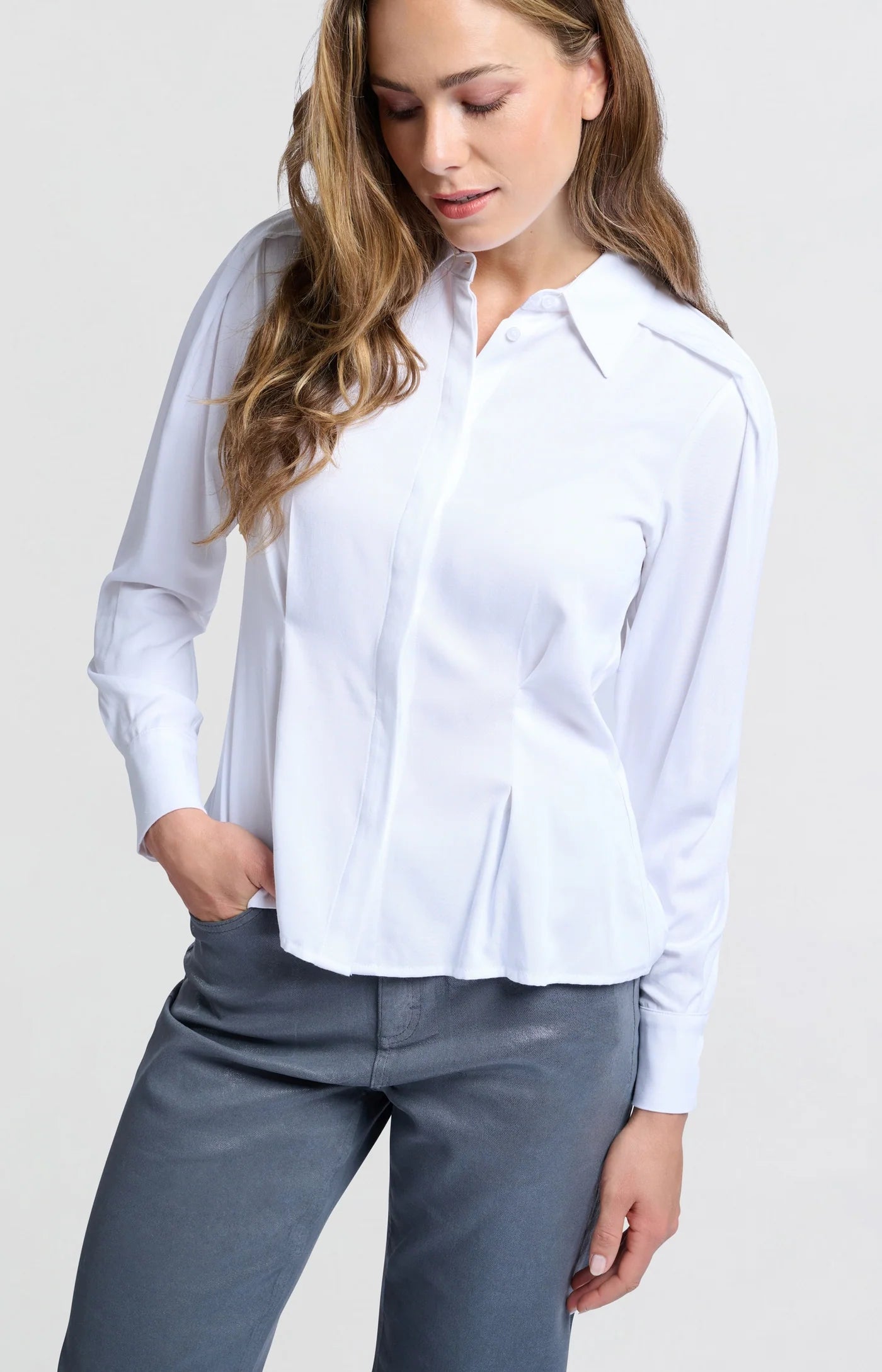 Fitted Blouse with Shoulder Accents in Off White