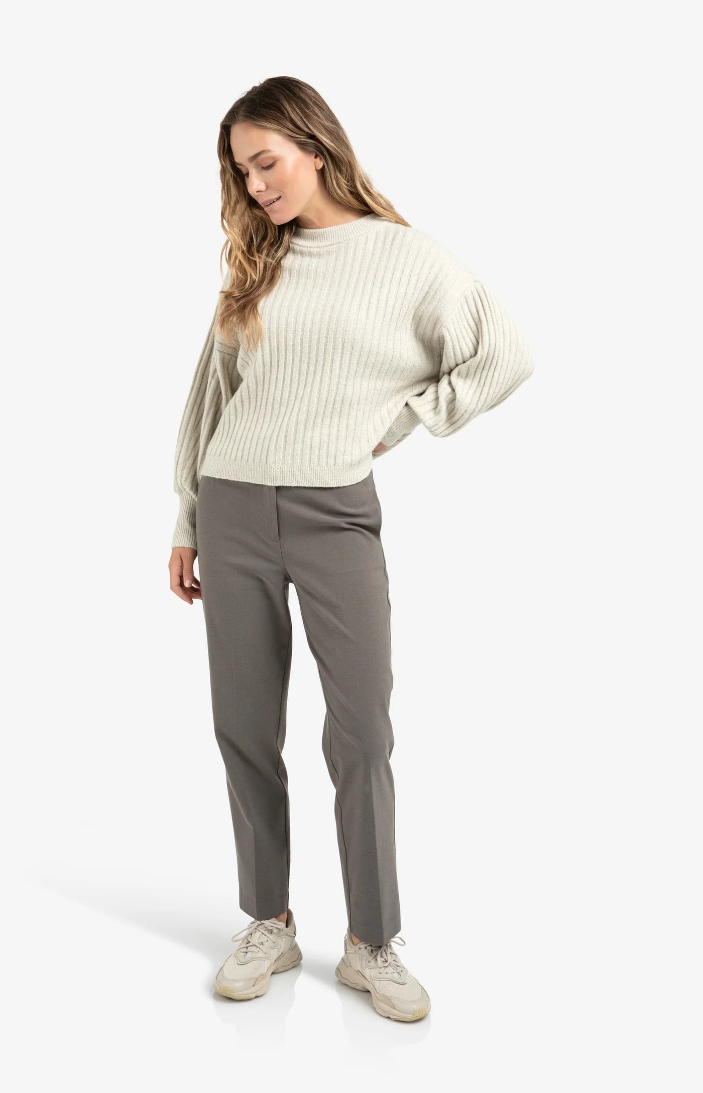 High Waist Straight Trouser in Dark Taupe/ Grey Melange
