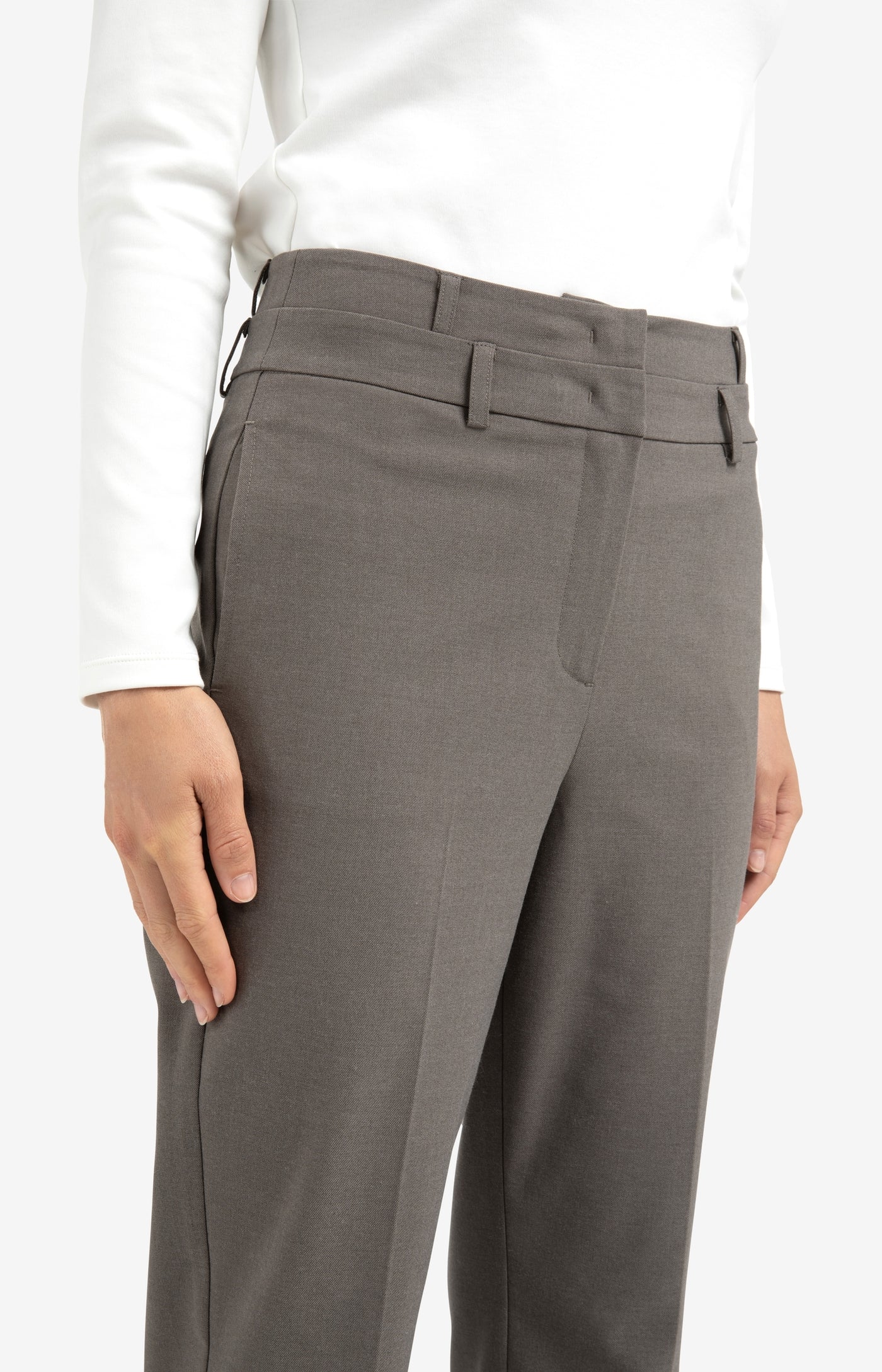 High Waist Straight Trouser in Dark Taupe/ Grey Melange