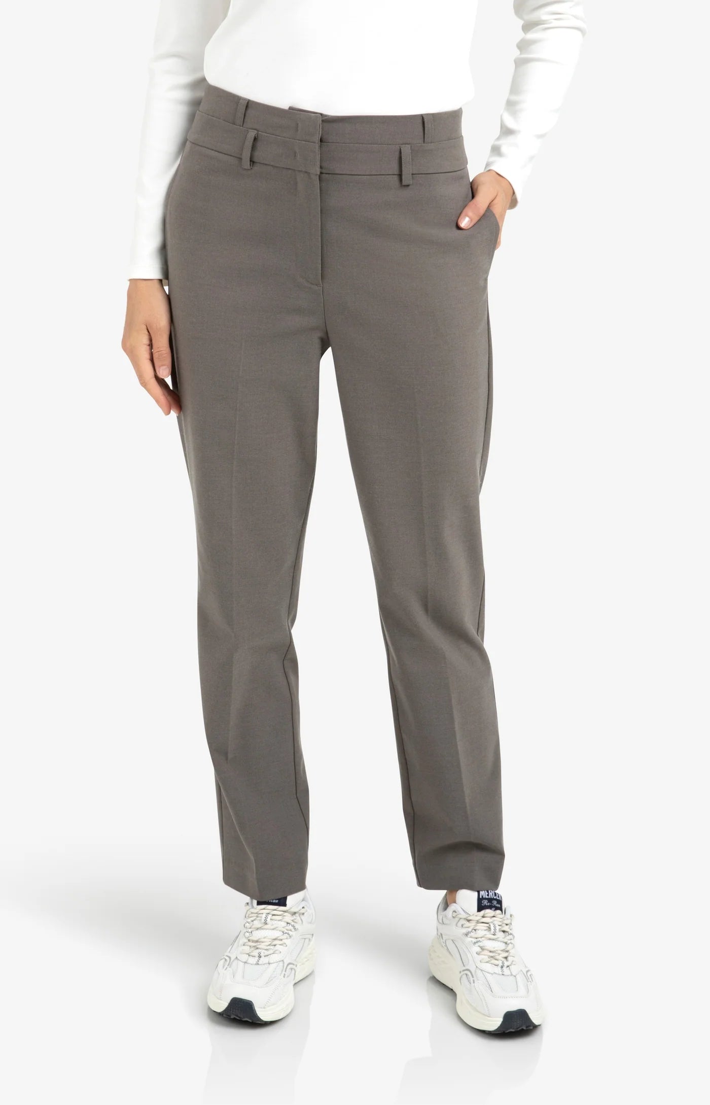 High Waist Straight Trouser in Dark Taupe/ Grey Melange