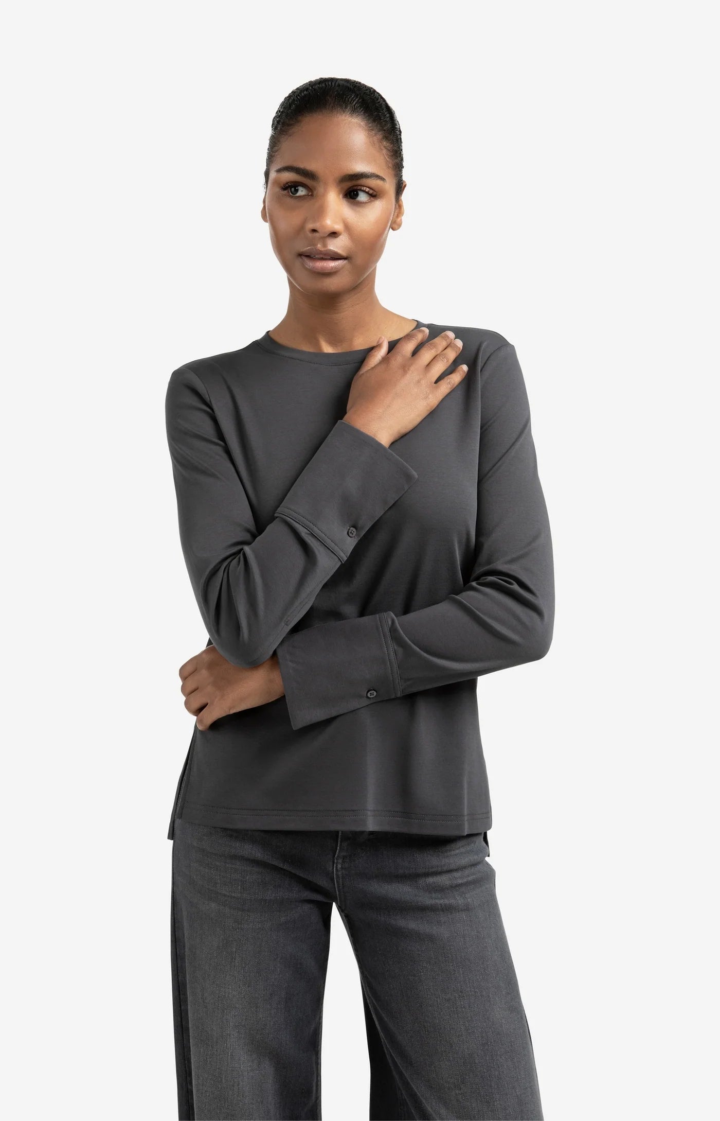 Jersey Top with Slit Detail in Oyster Black