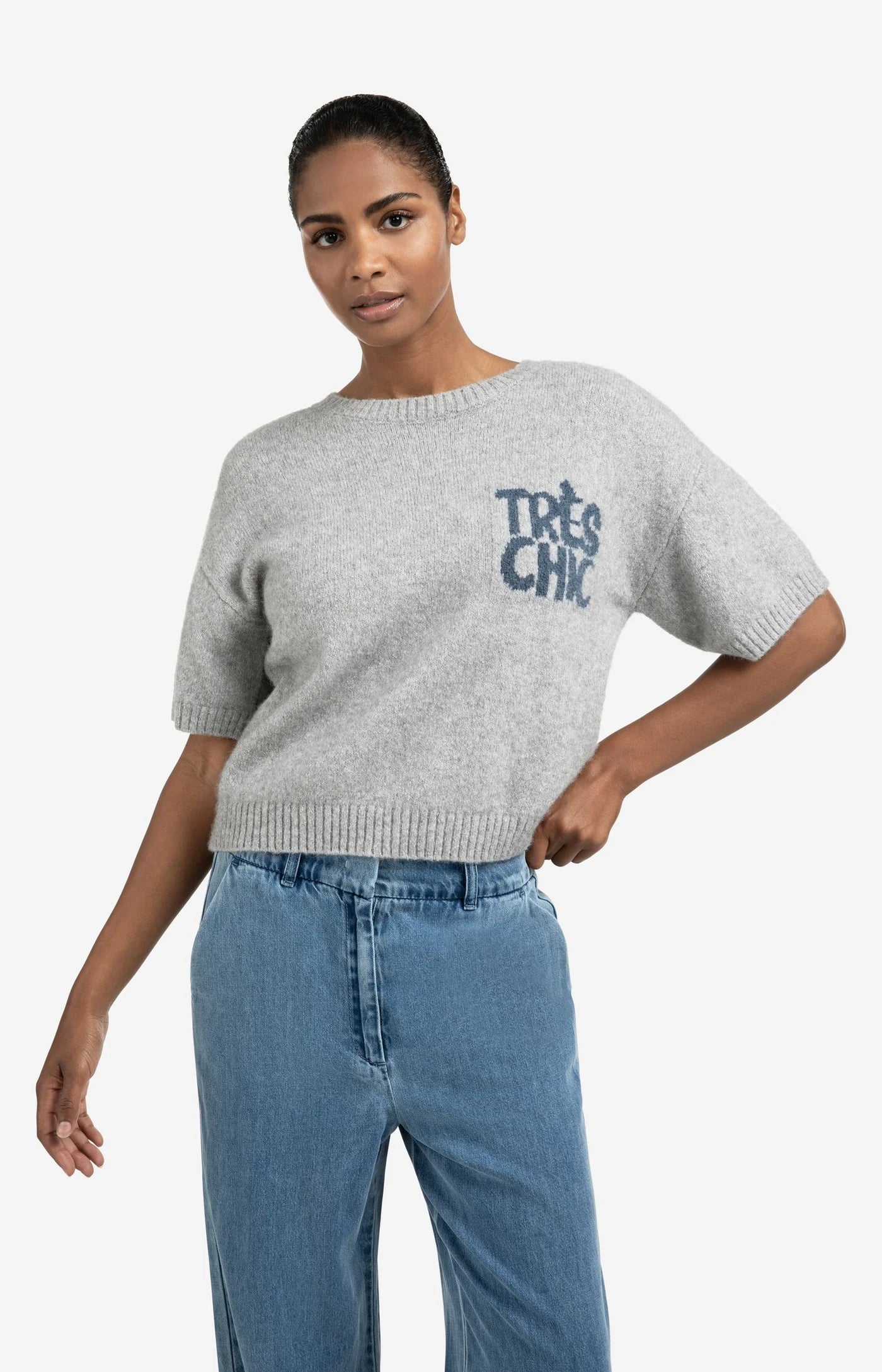 Short Sleeve Sweater in Light Grey