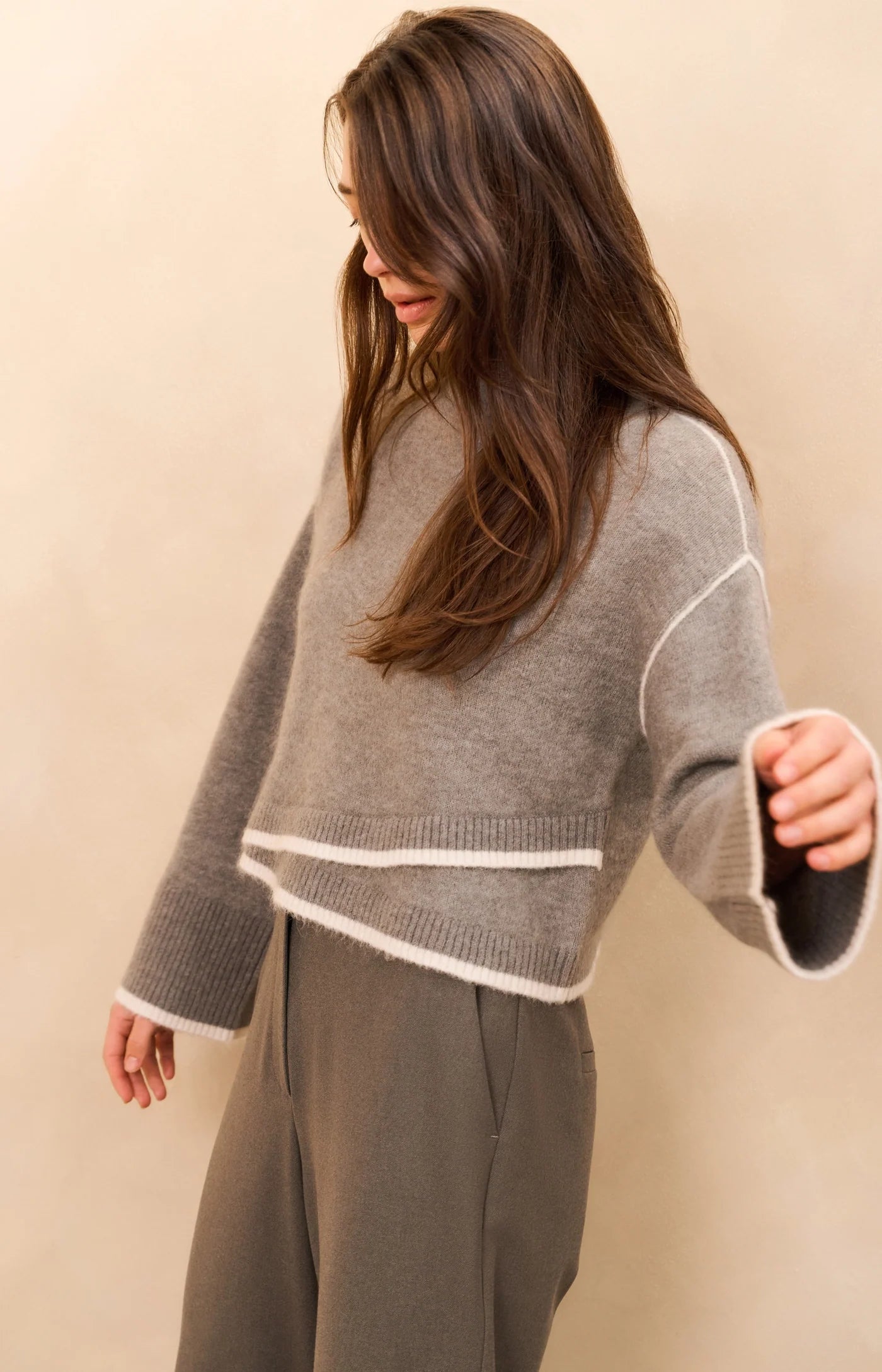 Contrast Colouring Sweater in Taupe/Grey Melange